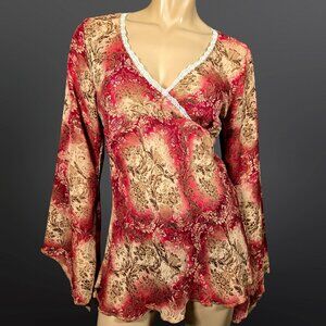 Vintage 90s Y2K Boho Fairy Flared Bell Sleeve Top Size L Red Beige Chiffon